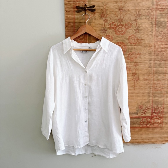 Vintage Tops - Vintage 100% Linen White Button Down Casual Shirt